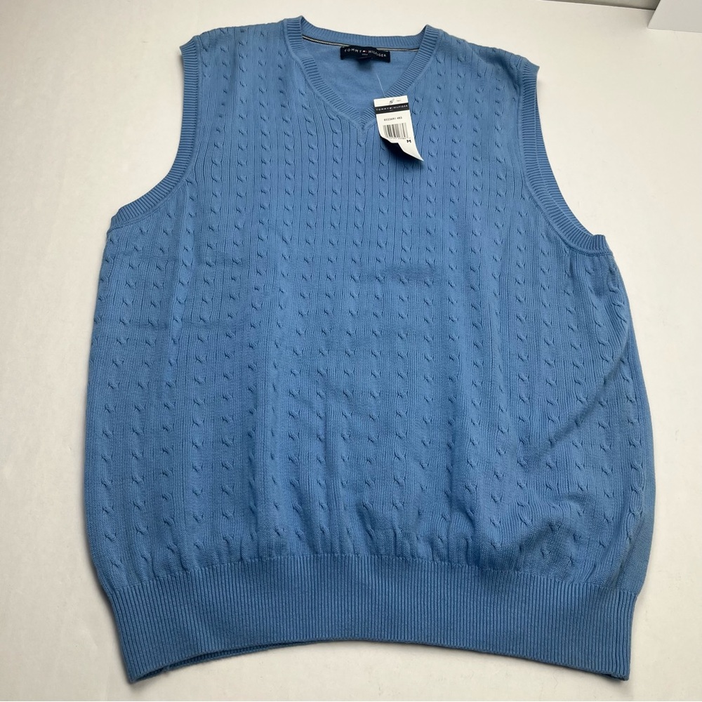 Tommy Hilfiger Golf Sweater Vest Men Medium Blue Cable Knit V-neck Oversized NEW